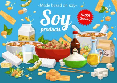 Soya ürünleri ve soya fasulyesi. Vektör miso çorbası, tofu peyniri ve süt, yağ, et veya deri ve soya fasulyesi. Doğal organik gıda malzemeleri, Asya mutfağı, vejetaryen ve vegan beslenme posterleri.
