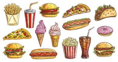 Fast food öğünlerinin taslağını çiz. İzole edilmiş vektör ikonlarının dondurmasını waffle küblü soda içeceğini ve patates kızartmalı burger. Paket çörekler, pizza ve sosisli sandviçler.