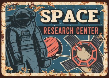 Uzay araştırma merkezi taşıyıcı paslı metal plaka, uzayda Mars gezegeniyle astronot ve yıldızlı gökyüzü klasik pas teneke levhasında uydu. Kozmonot ya da uzay adamı uçan Ferruginous retro posteri