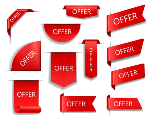 Ofrecer Banners Vectoriales Rojos Cintas Etiquetas Esquinas Aisladas Negocios Internet — Vector de stock