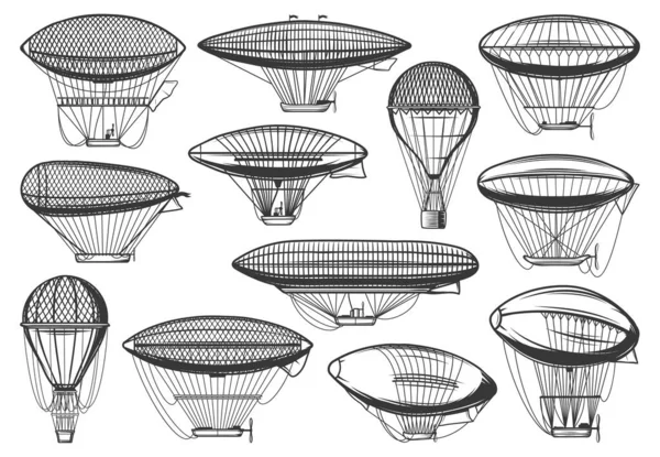 Luftschiffe Und Luftballons Zeppelinflugzeuge Vektorsymbole Oldtimer Dampfluftschiffe Und Heißluftballons Alte — Stockvektor