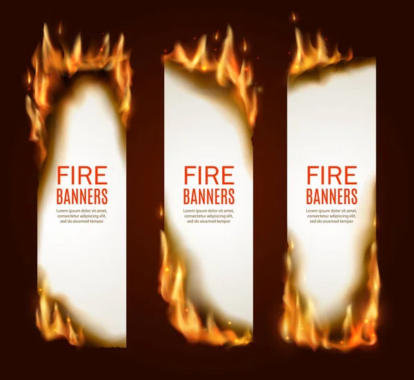 焚烧纸的垂直横幅 矢量页与现实的火 火花和燃烧器 空白垂直粘贴卡片 广告模板 孤立的燃烧框架 烧纸套 — 图库矢量图片