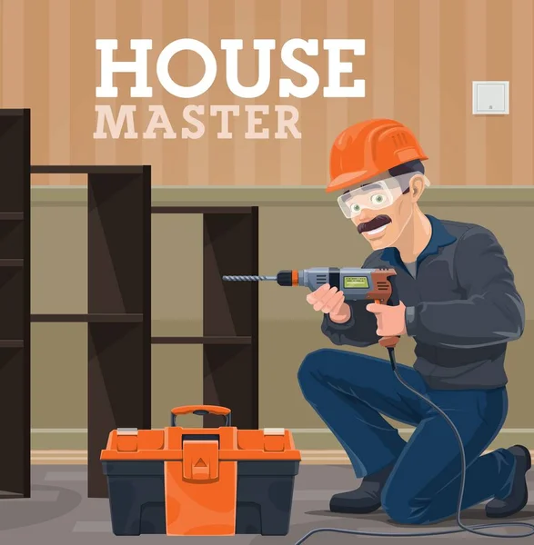 House Master Using Electric Drill Construction Worker Safety Helmet Goggles — Stock Vector