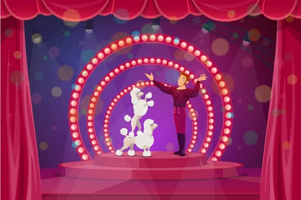 大きなトップテントのパフォーマーとサーカスのステージは 飼い犬を飼い犬 赤いバックステージとスポットライトでシーンのプードルでトリックを実行ベクトルトレーナーアーティストキャラクター 漫画サーカス公演 — ストックベクタ