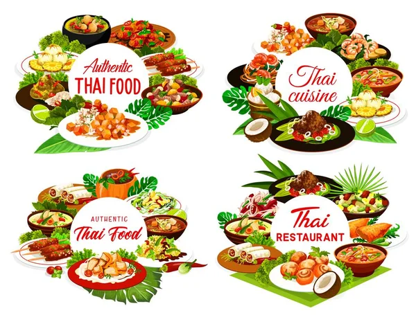 Comida Tailandesa Restaurante Vector Pancartas Redondas Tailandia Comidas Cocina Arroz — Vector de stock