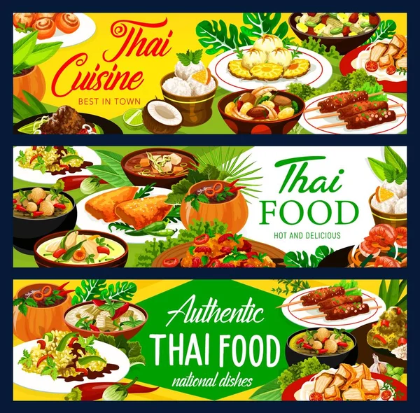 Thai food dishes vector banners. Thailand cuisine curry and ice cream, chicken with vegetables, rice and fish, ginger shrimp, pork satay and bananas in coconut flakes, baked pumping and spicy soup