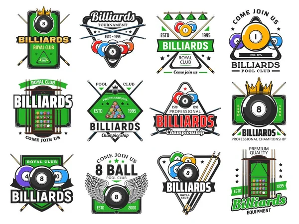 Billiards Pool Game Snooker Sport Club Icons Vector Poolroom Championship — Stock Vector
