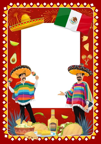 Mexican holiday vector frame with mariachi musicians at Cinco de Mayo festival. Music band cartoon characters in sombrero and poncho playing maracas. Tacos, guacamole or tequila fiesta carnival border