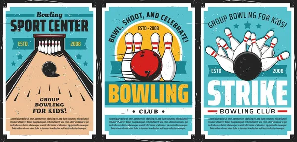 Carteles Del Club Bolos Bola Pin Strike Sport Torneo Centro — Vector de stock