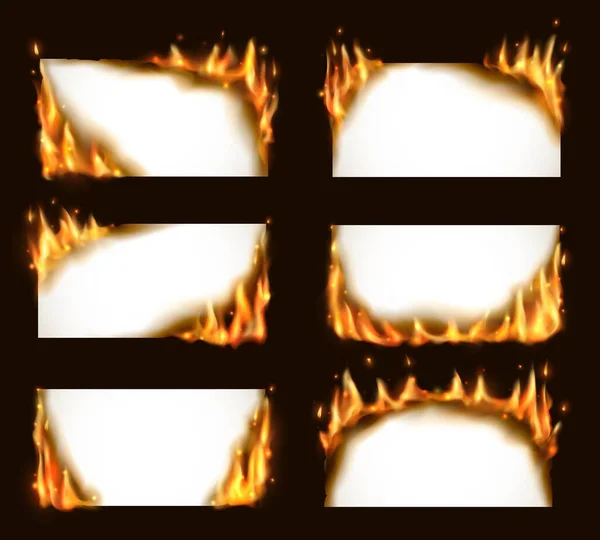 烧纸横幅 矢量空白页与火舌和火花 现实的3D燃烧框架 燃烧着烧焦的纸片 用于广告集的孤立的白色凸版卡片模板 — 图库矢量图片