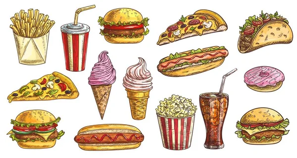 Szkic Fast Food Posiłki Izolowane Wektorowe Ikony Lody Stożku Waflowym — Wektor stockowy