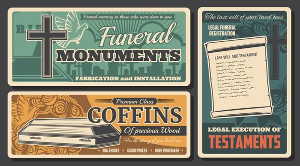 Funeral Service Burial Coffins Rip Monuments Death Farewell Ceremony Agency — Stock Vector