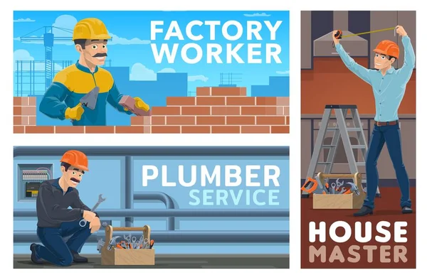 Plumber Builder House Master Banners Worker Construction Site Laying Bricks — Stock Vector