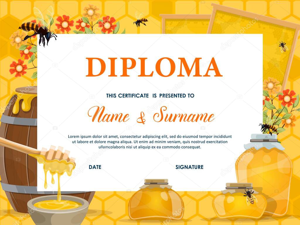 School diploma, certificate vector template with honey, bees and honeycombs. Cartoon education school or kindergarten frame with flowers, honey dipper and wooden barrel with glass jars, kids diploma