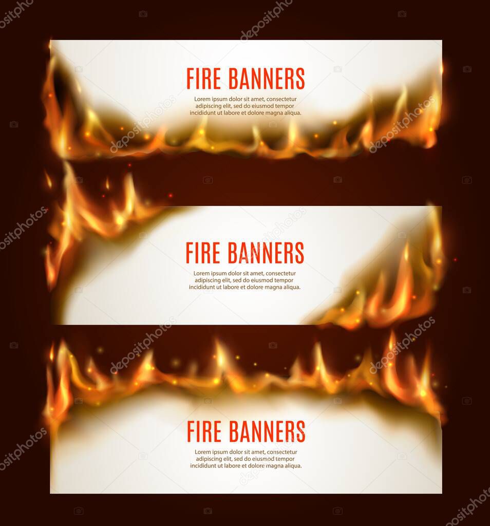 Burning paper horizontal banners, vector blank pages with fire and sparks. Isolated white conflagrant cards template for advertising, Realistic 3d flaming frames, burning smoldering paper sheets set