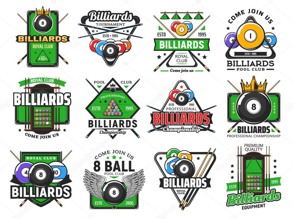 Billiards pool game, snooker sport club icons, vector poolroom championship and tournament. Billiards royal club and pool snooker signs of cues, 8 eight ball with wing, triangle rack and green table