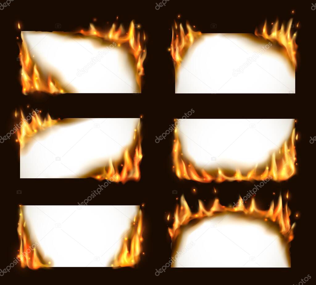 Burning paper banners, vector blank pages with fire tongues and sparks. Realistic 3d flaming frames, burning smoldering paper sheets. Isolated white conflagrant cards template for advertising set