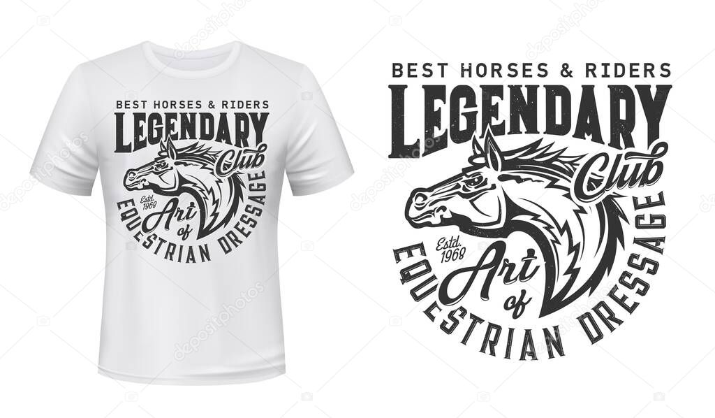 Equestrian, horseback riding club t-shirt vector print. Horse stallion head with mane side view, engraved illustration and retro typography. Horse dressage, riders club clothing custom print template