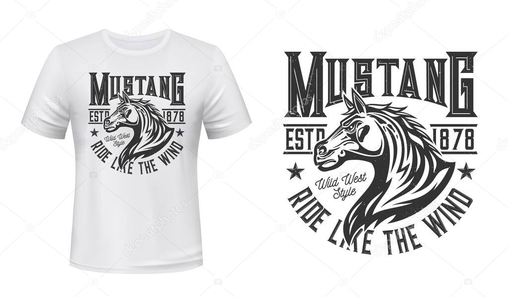 Wild mustang stallion t-shirt vector print. Horse stallion head with waving mane illustration and typography. Wild west horse riding, equestrian or racing club clothing custom print design