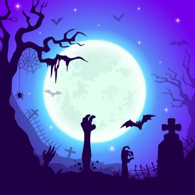 Zombi elli gece mezarlığı, çapraz mezarlı Cadılar Bayramı arka planı, korkunç ağaçlar, yıldızlı gökyüzünde dev bir dolunay altında örümcek ağı ve yarasalar. Çizgi film cadılar bayramı ürkütücü manzarası