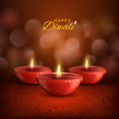 Hint Hindu din festivali Deepavali 'nin vektör tasarımı Diwali diya lambaları. Alevli kırmızı kil lambalar ve desenli rangoli süslemeler, Mutlu Diwali tebrik kartları.