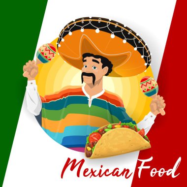 Meksika mutfağı yemekleri ve vektör taco ve mariachi adamı. Meksika şapkalı Meksikalı müzisyen, marakas ve serape, mısır tortilla, Meksika bayraklarında kırmızı et ve fasulye ile doldurulmuş