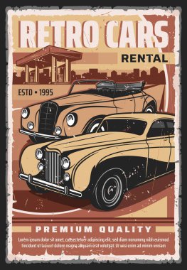 Vintage cars rental service vector poster. Retro limousine, luxury convertible, cabriolet sedan near filling station grunge illustration. Retro automobiles collector garage with car rent offer banner clipart