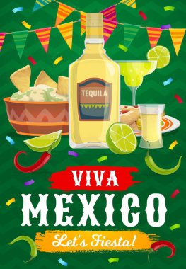 Yaşasın Meksika Fiesta parti yemeği ve içeceği, vektör Meksika tatili. Tekila, avokado guacamole ve mısır tortilla nachos, chilli burritos, margarita ve limon, jalapeno biber, konfeti ve bayrak