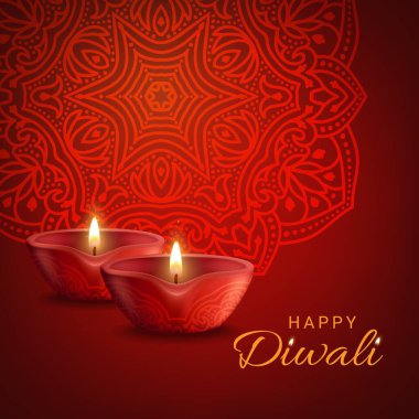 Diwali Kızılderili Işık Vektör Festivali posteri. Hindu Deepavali tatil dekorasyonu, yanan mumlar ve kırmızı arka planda geleneksel mandala. Gerçekçi 3D lambalı Mutlu Diwali tebrik kartı tasarımları