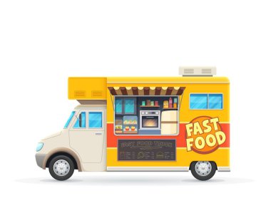 Fast food kamyonu izole edilmiş taşıyıcı araba, sokak abur cubur satışı için çizgi film sarı minibüs. Tekerlekli kafe veya restoran, karatahta menüsü olan ulaşım, fast food çeşitleri ve yemek pişirmek için fırın