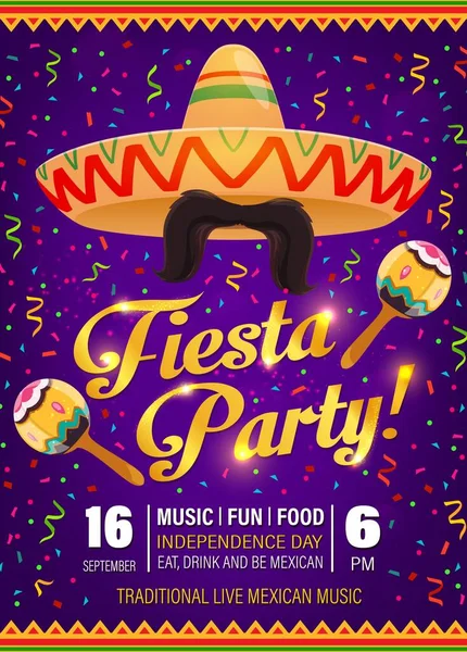 Fiesta Party Vector Flyer Simboli Messicani Sombrero Baffi Con Maracas — Vettoriale Stock