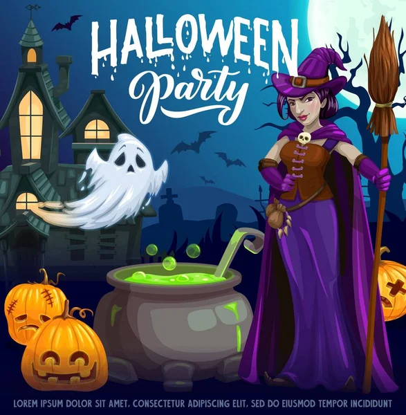 Halloween Party Cartoon Vector Poster Čarodějnice Purpurových Šatech Držící Koště — Stockový vektor