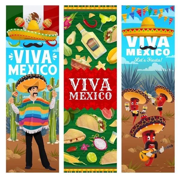 Viva Mexico Vector Jalapeno Chili Pepper Musisi Band Sombrero Bermain - Stok Vektor