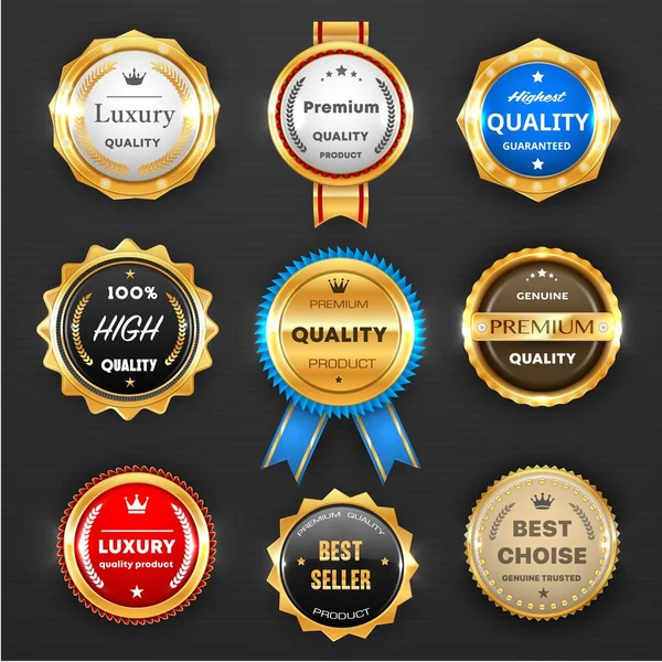 Ödül Kalite Etiketleri Altın Çerçeveli Şeritli Izole Vektör Yuvarlak Amblemleri — Stok Vektör