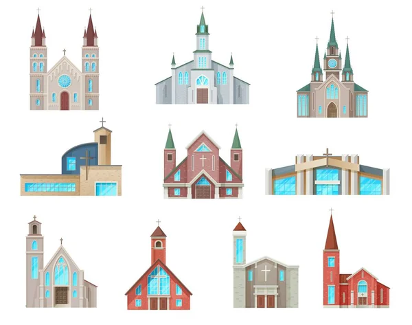 Katholieke Kerkgebouwen Vector Iconen Geïsoleerde Kathedraal Kapellen Kloostergevels Middeleeuwse Moderne — Stockvector