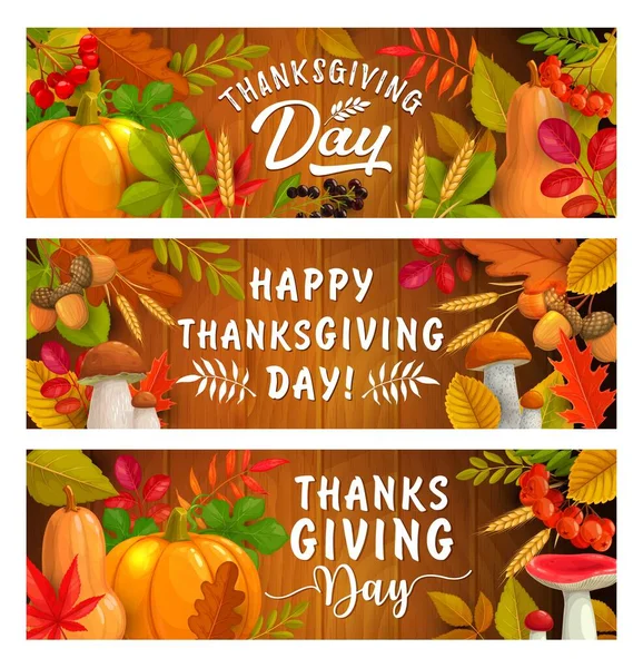 Día Acción Gracias Otoño Cosecha Vacaciones Vector Banners Hojas Caídas — Vector de stock