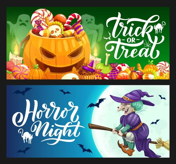 Bannières Vectorielles Vacances Halloween Avec Bonbons Citrouilles Fantômes Sorcières Sur — Image vectorielle