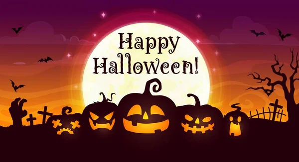Happy Halloween vector banner. Scary pumpkin jack lanterns on night cemetery with zombie hand, creepy trees and cross tombs, on night graveyard background with bats. Cartoon Halloween greeting card