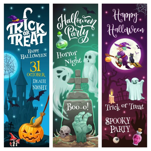 Halloween Truque Feriado Tratar Monstros Festa Terror Fantasmas Banners Vetor — Vetor de Stock