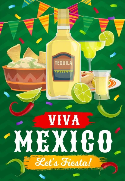 Viva Mexico Fiesta Feest Eten Drinken Vector Mexicaanse Vakantie Tequila — Stockvector