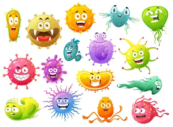 ベクター細菌や生殖モンスターの漫画ウイルス文字 コロナウイルス インフルエンザ ロタウイルス アデノウイルスのかわいい微生物細胞と感染病原体幸せな顔と笑顔 — ストックベクタ