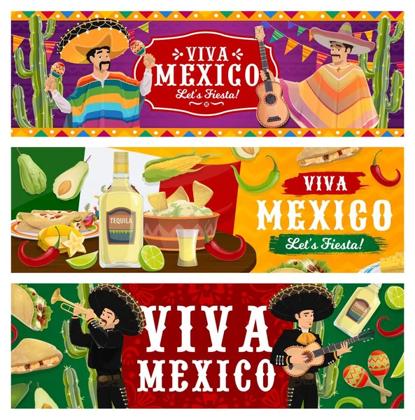 Viva Mexico Fiesta Party Vector Banners Mariachi Muzikanten Sombrero Poncho — Stockvector