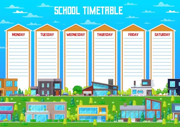 Modelo Cronograma Vetor Horário Escolar Com Edifícios Desenhos Animados Bungalow —  Vetores de Stock