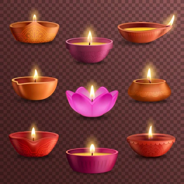 Diwali Diya Lampade Sfondo Trasparente Vettore Realistico Del Festival Luce — Vettoriale Stock