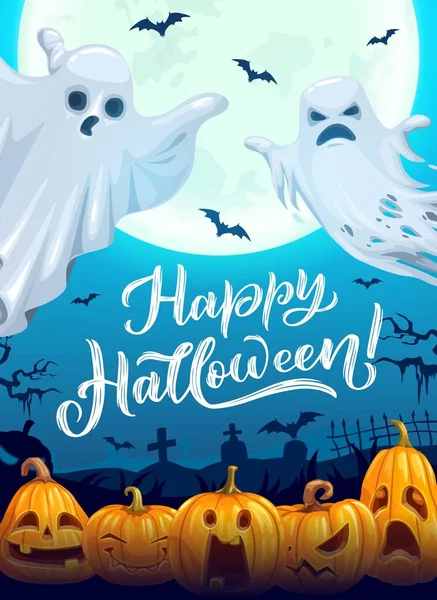 Halloween Poster Mit Cartoon Geistern Vector Grußkarte Mit Gruseln Fliegenden — Stockvektor