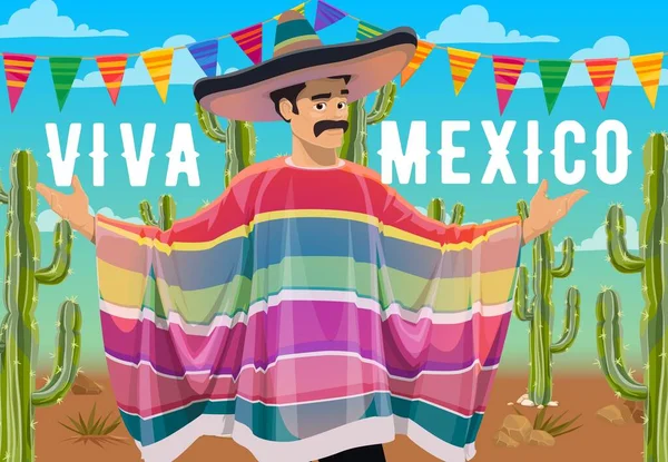 Desain Vektor Viva Mexico Karakter Kartun Pria Meksiko Dengan Topi - Stok Vektor