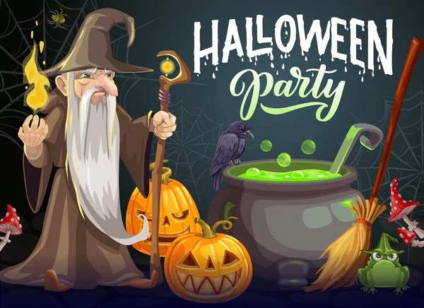 Halloween Party Cartoon Vector Poster Wizard Long White Beard Gown — Stock Vector