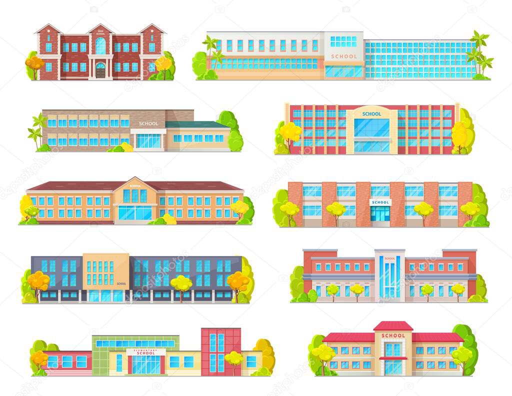 School education building isolated vector icons with primary, junior, elementary or grade school exteriors with front doors, windows and porches, street and trees. Educational architecture themes
