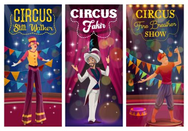Sirk çizgi filmi sihirbazı, stilt walker ve ateş soluyan büyük arenada numaralar yapıyor. Palyaçoların, illüzyonistlerin, karnaval eğlencelerinin olduğu bir sirk sihirbazlık gösterisi. Sirk vektör pankartlarını göster