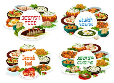 Yahudi mutfağı yemekleri taşıyıcı afişlerin etrafında. Gefilte balığı, sorrel çorbası ve sufganiyot çöreği kuskus, doldurulmuş tavuk ve balık çorbası, jöleli turna balığı, shakshuka yumurtası ve falafel.
